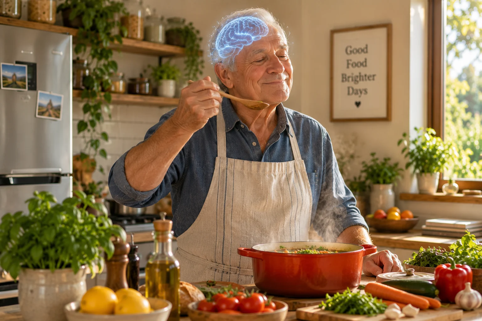 A silver-haired man cooking a fresh salad at a sunlit kitchen window over a lake, a chalkboard reading Good Food, Good Mood, Clear Mind, Happy Life behind him